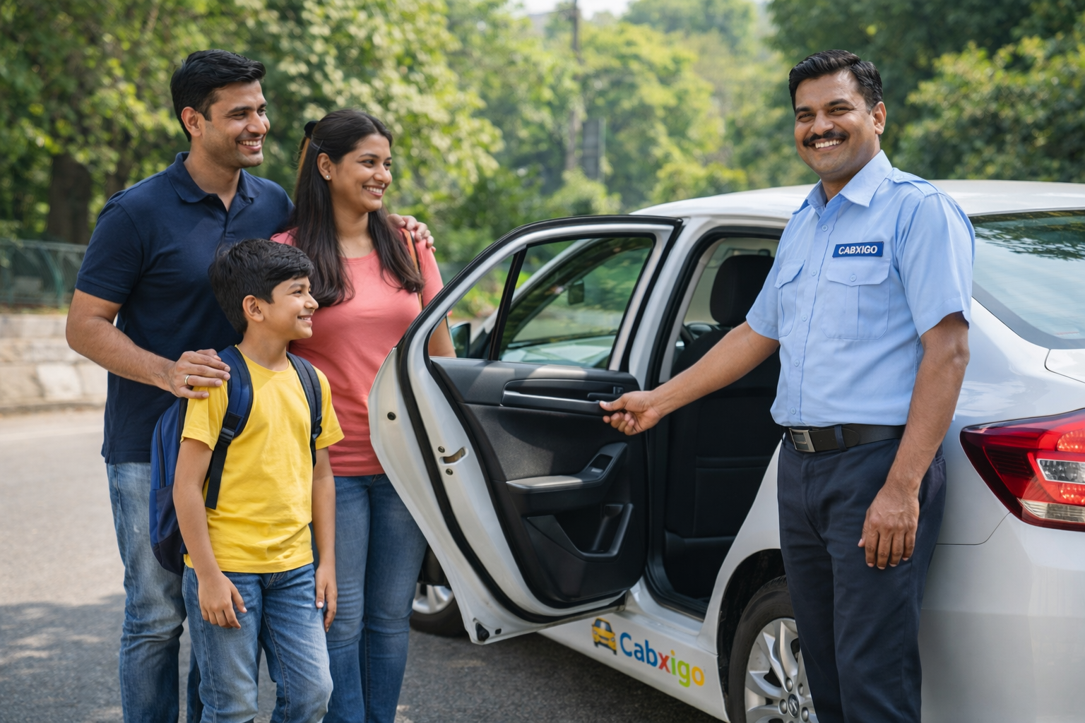 Friendly taxi driver greets family